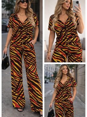 Iman 2-Piece Stylish Women's V-Neck And Wide-Leg Pants Black, Red & Yellow